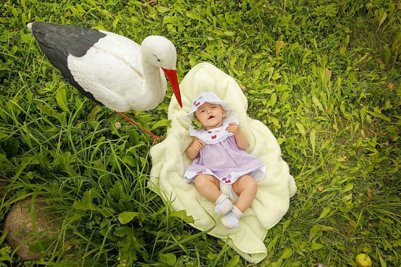 A baby lies on a blanket on grass next to a stork statue on a sunny day, Belarus.Minsk