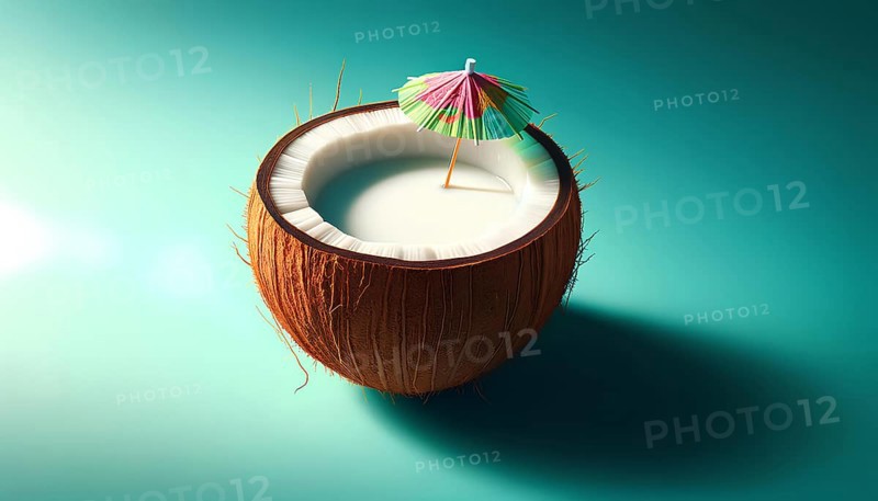 A coconut with a straw umbrella on top of it. The coconut is sitting on a blue background, AI generated