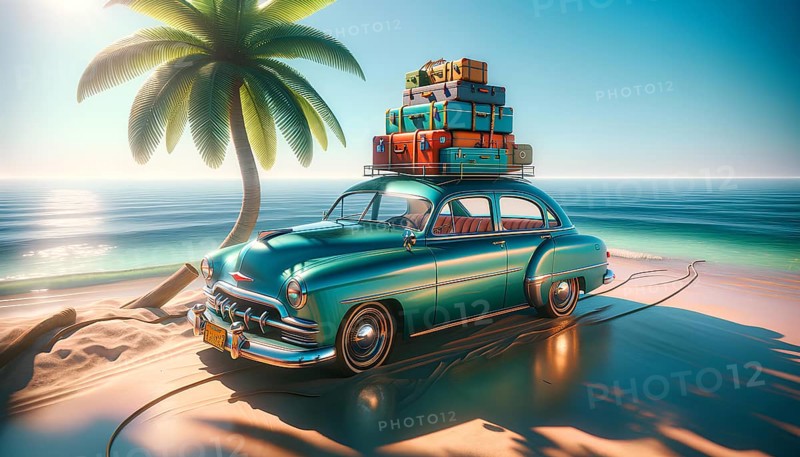 A blue car is parked on a beach with luggage on top of it. The car is a vintage model and the luggage is a mix of suitcases and backpacks. The scene is set in a tropical location, AI generated
