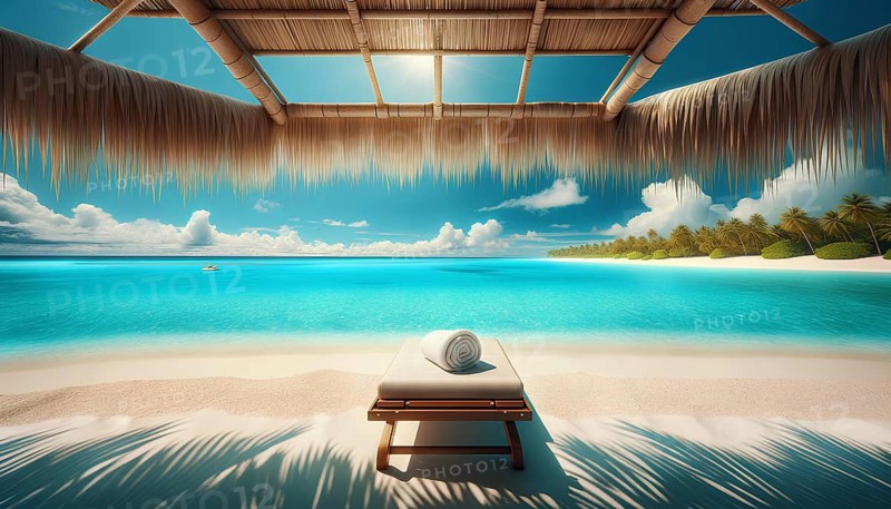 A beach scene with a white towel on a lounge chair. The beach is calm and peaceful, with the ocean in the background, AI generated