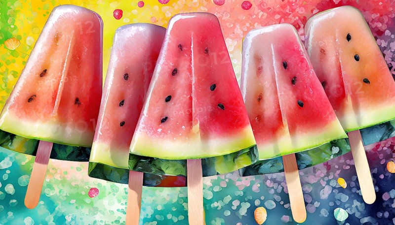 A colorful painting of a bunch of watermelon popsicles. The popsicles are hanging on a line, and the colors are bright and vibrant. The mood of the painting is cheerful and playful, AI generated