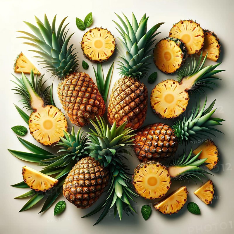 A close up of a pineapple with a few slices missing. The pineapple is surrounded by other fruits and vegetables, creating a colorful and vibrant display. Concept of abundance and freshness, AI generated