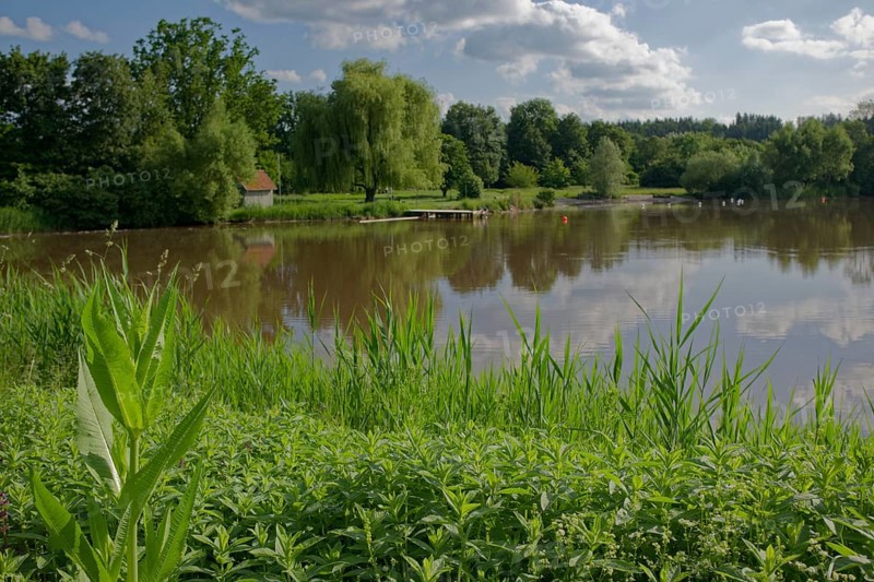 Starkholzbacher See after the continuous rainfall at Whitsun 2024 and the lake drainage in winter 2023-2024, bathing water, local recreation area, Starkholzbach, Starki, Schwäbisch Hall, Hohenlohe, Heilbronn-Franken, Germany, Europe