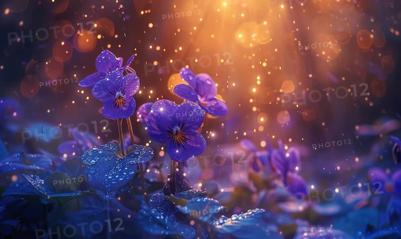 Violets closeup portrait with bokeh light, soft focus AI generated