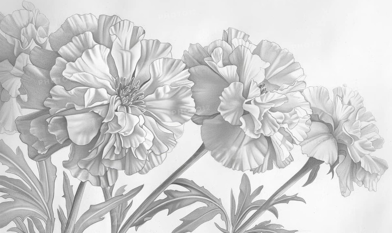 Black and white background with marigold flowers, AI generated