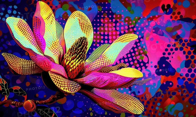 Magnolias in Pop Art style, bright colors, dotted patterns, high contrast, AI generated