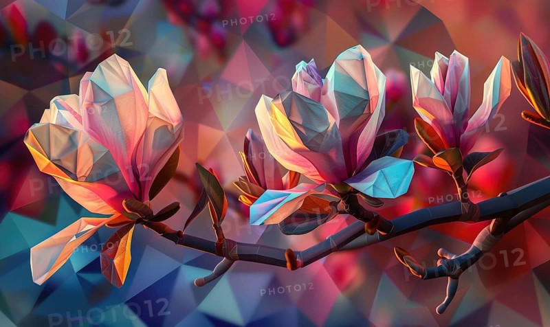 Magnolias in low poly, geometric shapes, AI generated