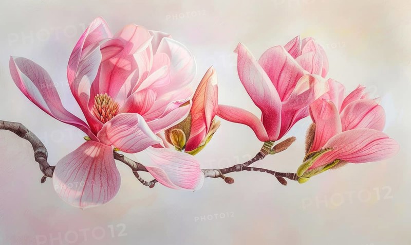 Magnolias in colored pencils, soft gradients, vibrant hues AI generated