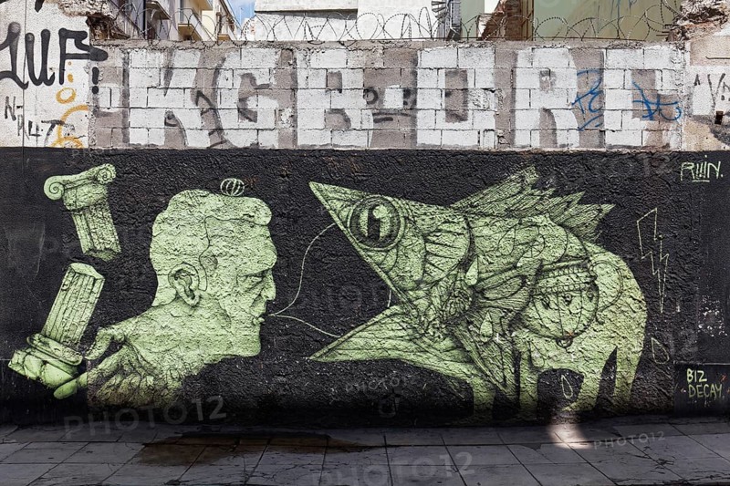 Man talks to fish, fish swallows speech bubble, surreal mural by street artist Ruin, Exarchia neighbourhood, Athens, Greece, Europe