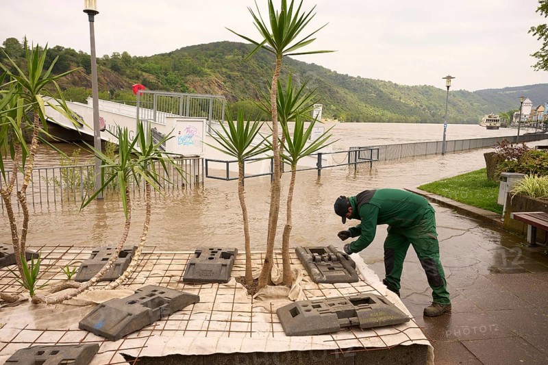A municipal worker protects the plants in the Rhine facilities from the rising flood waters of the Rhine. The access road and reception of a campsite are flooded by the high water of the Rhine. The Rhine levels continue to rise: Boppard, Rhineland-Palatinate, Germany, Europe