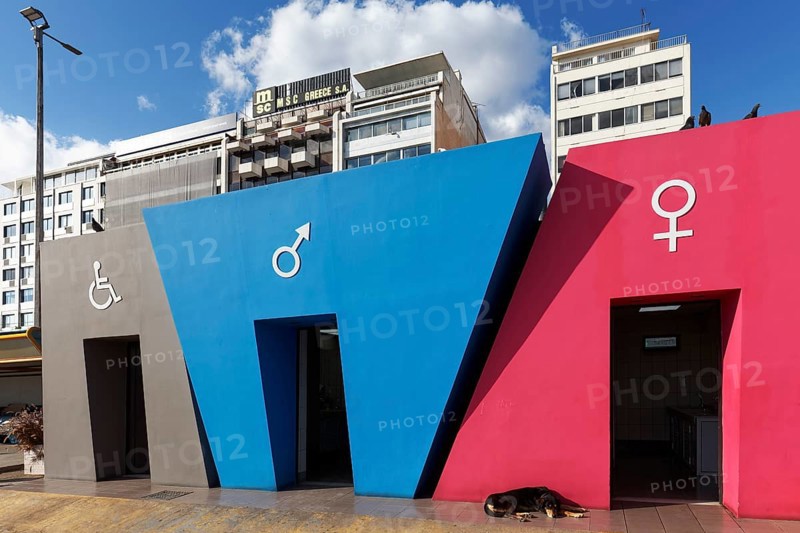 Public toilets on the quay, colourful little houses with modern architecture, Piraeus ferry port, Attica, Greece, Europe