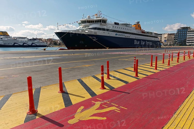 Ferry to the island of Paros of the Blue Star Line, marked pedestrian path at the quay, Piraeus ferry harbour, Athens, Attica, Greece, Europe