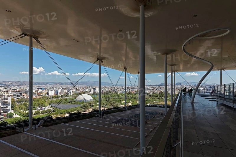Viewing terrace with floating flat roof, view of Athens, cultural centre of the Stavros Niarchos Foundation, architect Renzo Piano, Kallithea, Attica, Greece, Europe