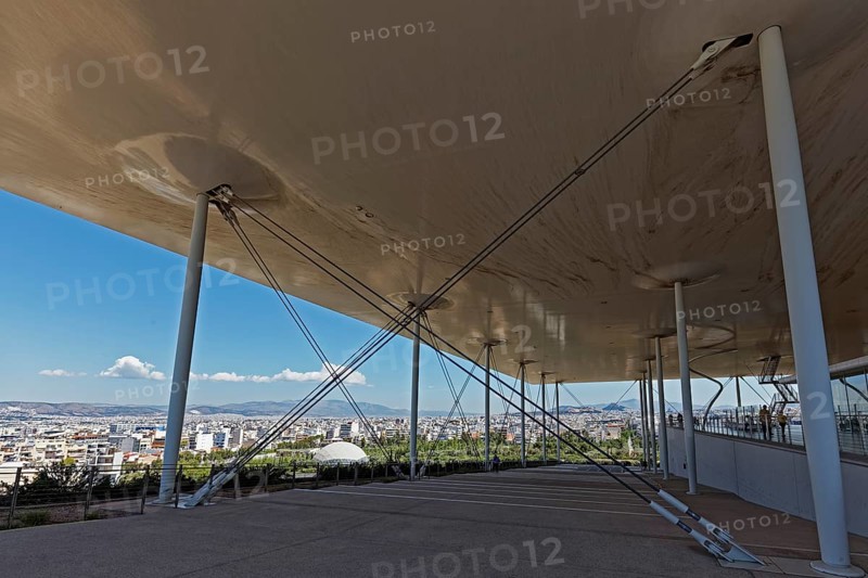 Viewing terrace with floating flat roof, view of landscape park and Athens, cultural centre of the Stavros Niarchos Foundation, architect Renzo Piano, Kallithea, Attica, Greece, Europe