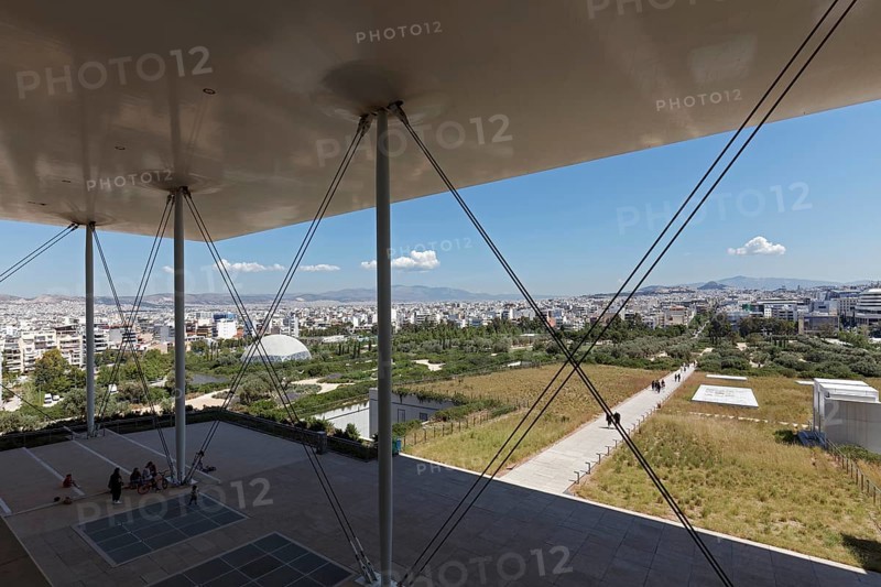 Viewing terrace with floating flat roof, view of landscape park and Athens, cultural centre of the Stavros Niarchos Foundation, architect Renzo Piano, Kallithea, Attica, Greece, Europe