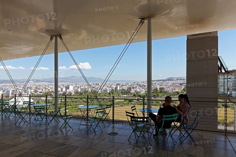 Couple on the panoramic terrace, view of the landscape park and Athens, Cultural Centre of the Stavros Niarchos Foundation, architect Renzo Piano, Kallithea, Athens Metropolitan Region, Greece, Europe