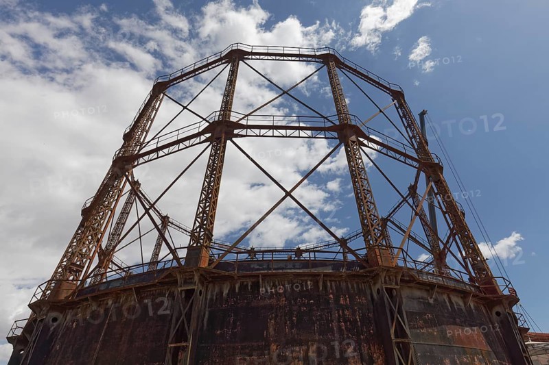 Iron skeleton of an old gas holder, Athens Gasworks Industrial Monument from 1875, Gazi district, Athens, Greece, Europe