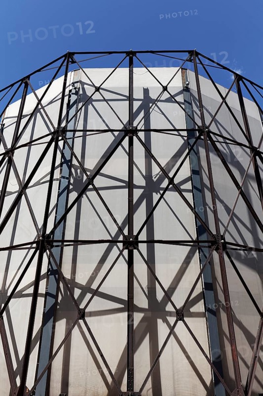 Former gas holder 1, steel skeleton graphic, industrial monument Athens gasworks from 1857, today venue Technopolis City of Athens, Gazi district, Athens, Greece, Europe