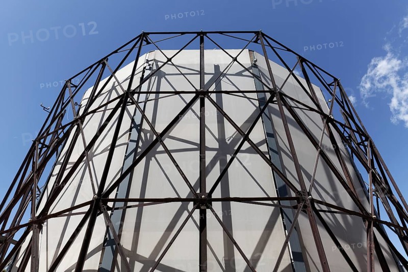 Former gas holder 1, steel skeleton graphic, industrial monument Athens gasworks from 1857, today venue Technopolis City of Athens, Gazi district, Athens, Greece, Europe