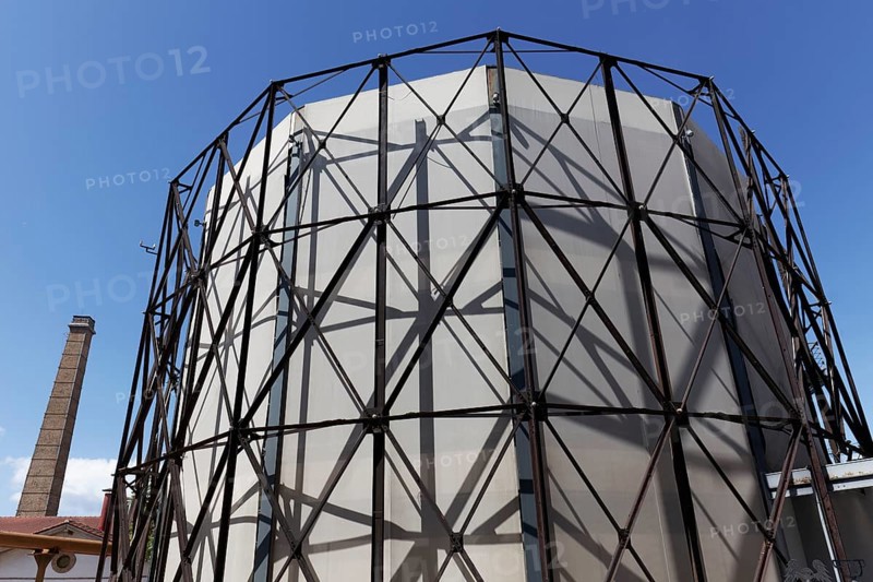 Former gas holder 1, steel skeleton graphic, industrial monument Athens gasworks from 1857, today venue Technopolis City of Athens, Gazi district, Athens, Greece, Europe
