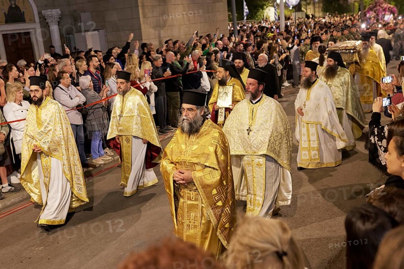 Greek Orthodox Good Friday procession, presbyters in liturgical vestments, Cathedral of the Annunciation, Mitropolis, Athens, Greece, Europe