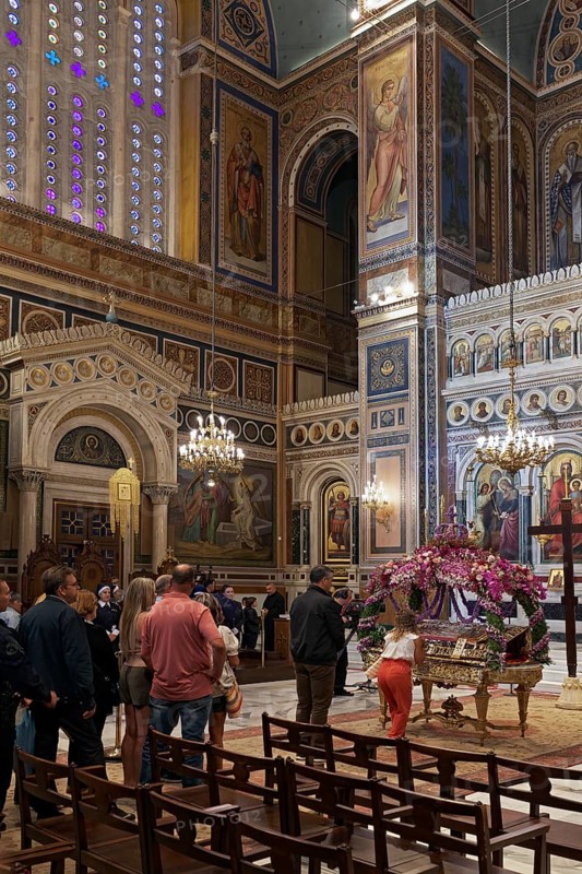 Worshippers at the Good Friday ceremony, Greek Orthodox Cathedral of the Annunciation, Mitropolis, Athens, Greece, Europe