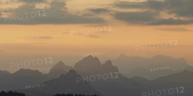 Mountain panorama from Grünten, 1783m, to the Tannheim mountains, Allgäu Alps, Tyrol, Austria, Europe