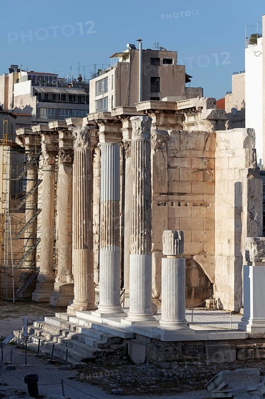 Ruins of Hadrian's Library, west wall with Corinthian columns, Plaka historic centre, Athens, Greece, Europe