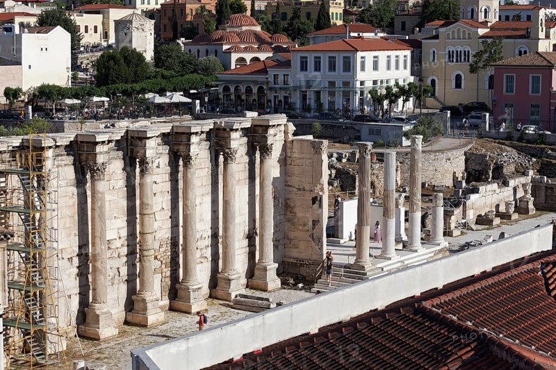 Ruins of Hadrian's Library, west wall with Corinthian columns, Plaka historic centre, Athens, Greece, Europe