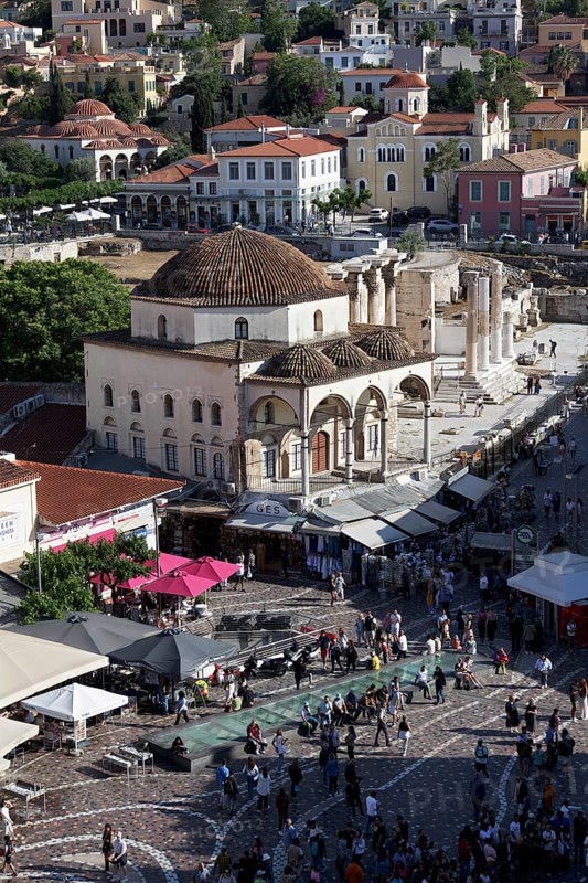 View of Monastiraki Square, Ottoman mosque from 1759, Plaka historic centre, Athens, Greece, Europe