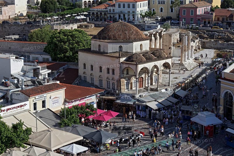 View of Monastiraki Square, Ottoman mosque from 1759, Plaka historic centre, Athens, Greece, Europe