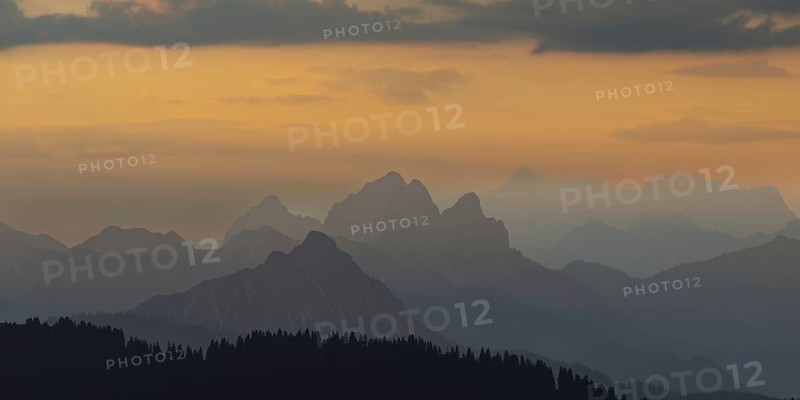 Mountain panorama from Grünten, 1783m, to the Tannheim mountains, Allgäu Alps, Tyrol, Austria, Europe