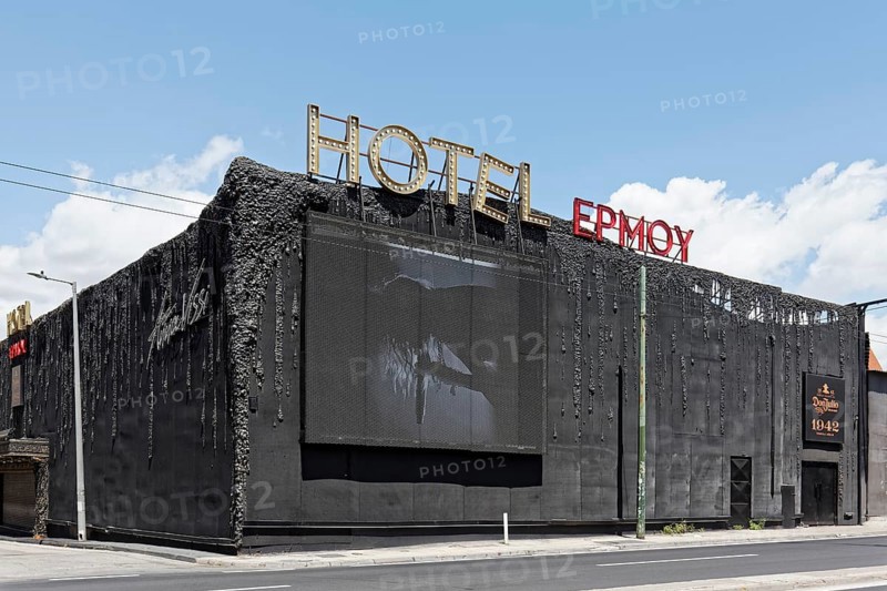 Black building with video wall on Piraeus Street, nightclub Hotel Ermou, Bouzouki Club, Gazi neighbourhood, Athens, Greece, Europe