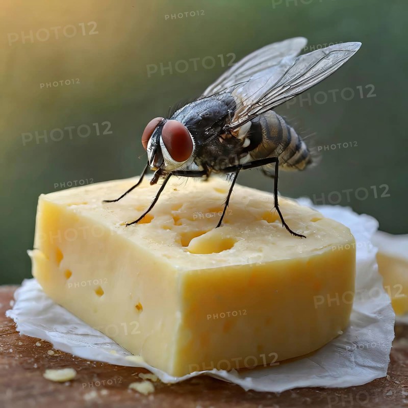 Symbol, animal, insect, close-up of a blowfly on a piece of cheese, Calliphoridae, Calliphora vicina, AI, generated, AI generated