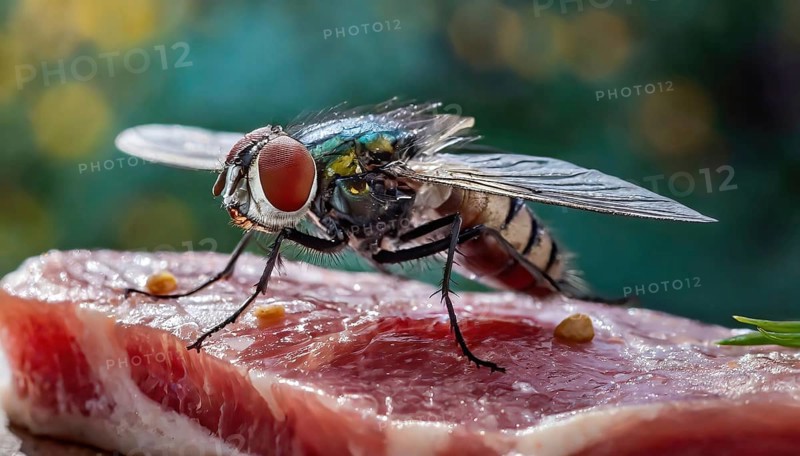 Symbol, animal, insect, close-up of a blowfly on a piece of meat, Calliphoridae, Calliphora vicina, AI, generated, AI generated