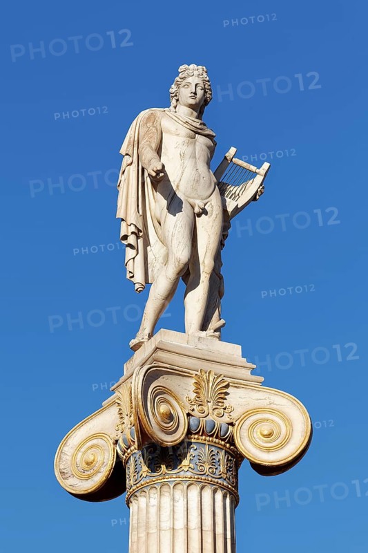 Column with statue of Apollo in front of the Academy of Athens, blue sky, sculptor Leonidas Drosis, Greece, Europe