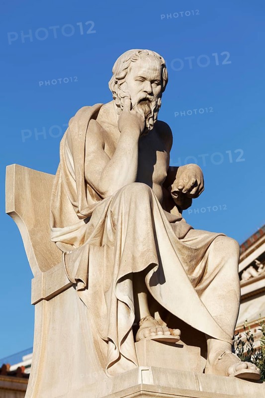 Sculpture of the Greek philosopher Socrates in front of the Academy of Athens, blue sky, sculptor Leonidas Drosis, Athens, Greece, Europe