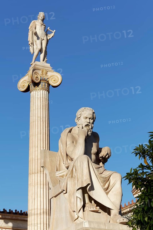 Sculpture of the Greek philosopher Socrates in front of the Academy of Athens, blue sky, sculptor Leonidas Drosis, Athens, Greece, Europe