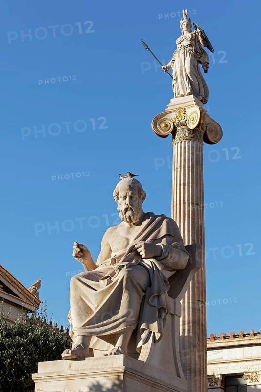 Sculpture of the Greek philosopher Plato, Plato, blue sky, sculptor Leonidas Drosis, Academy of Athens, Greece, Europe