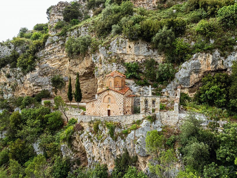Stâ©. â©â¦Michael's Church, Byzantine â©â¦church in Berat from a drone, Osum River, Albania, Europe