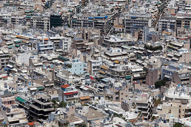 View of densely built-up metropolis, sea of houses without greenery, symbolic image concrete desert, Athens, Greece, Europe