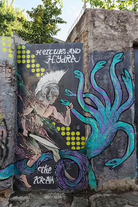 Hercules fighting Hydra, mural by street artist The Krah, Anafiotika neighbourhood, Athens, Greece, Europe