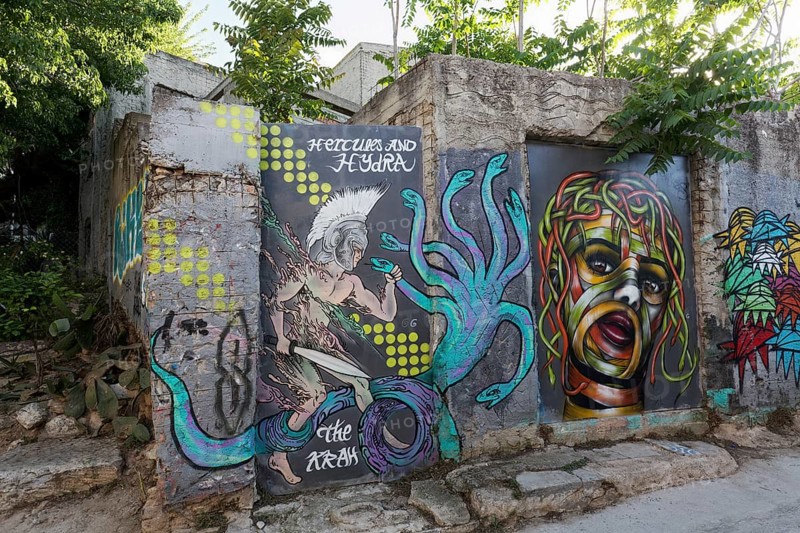 Hercules, Hydra and Medusa, murals in the Anafiotika neighbourhood, street art, Athens, Greece, Europe