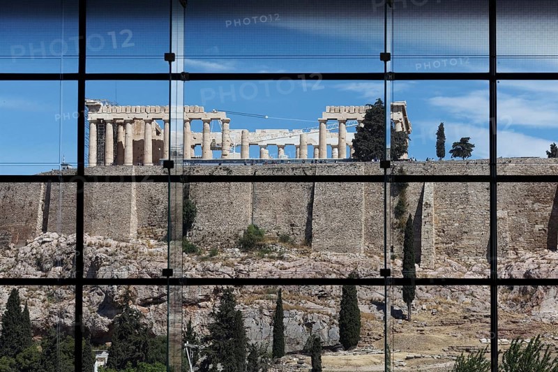 View of the Acropolis through the windows of the museum restaurant, Acropolis Museum, architect Bernard Tschumi, Athens, Greece, Europe
