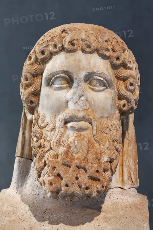 Head of a Hermes stele, patron god of travellers and merchants, marble sculpture, Acropolis Museum, architect Bernard Tschumi, Athens, Greece, Europe