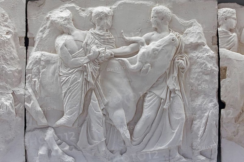Men with bull, scene from the Parthenon frieze, reconstruction, Acropolis Museum, architect Bernard Tschumi, Athens, Greece, Europe