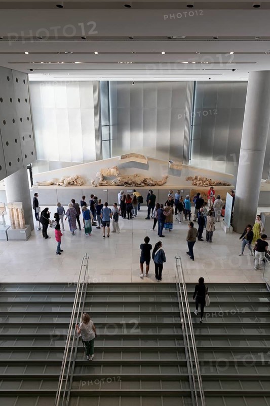 Staircase in the Acropolis Museum, Parthenon pediment with figures, architect Bernard Tschumi, Athens, Greece, Europe