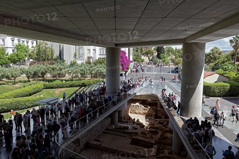 Entrance to the Acropolis Museum, ancient excavations and human queue, architect Bernard Tschumi, Athens, Greece, Europe