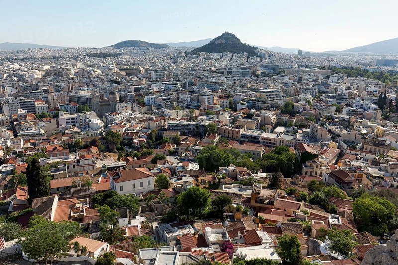 View of Plaka district, city centre and Likavittos hill, Lycabettus, Athens, Greece, Europe
