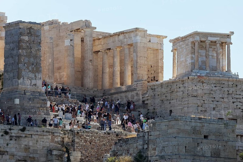 Propylaea and Temple of Athena Nike, tourists climbing the Grand Staircase, Acropolis, Athens, Greece, Europe